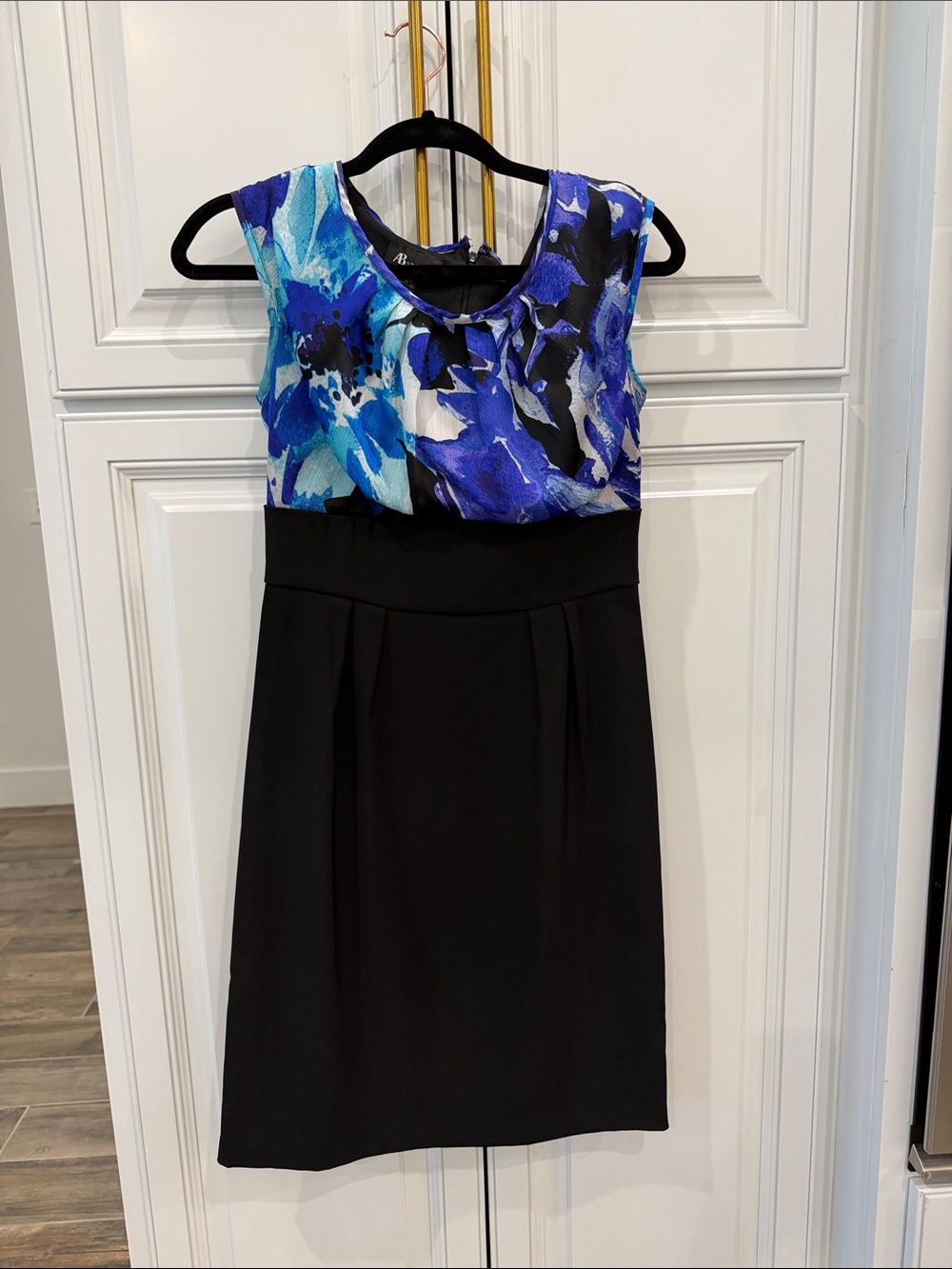 AB Studio Blue Floral Bodice Black Midi Sheath Dress